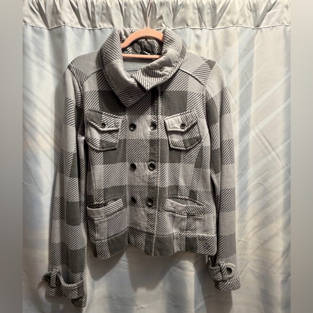 Hurley Women's Black and Gray Checkered Pea Coat